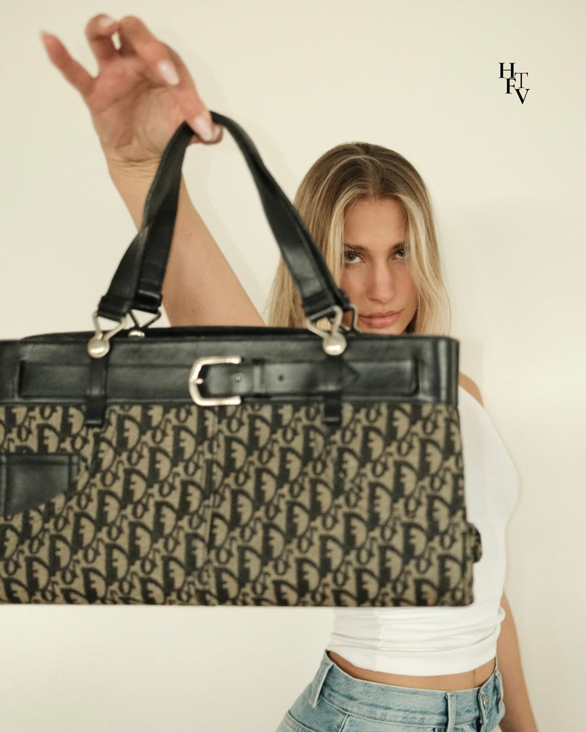 CHRISTIAN Dior Navy Monogram Canvas Tote Bag