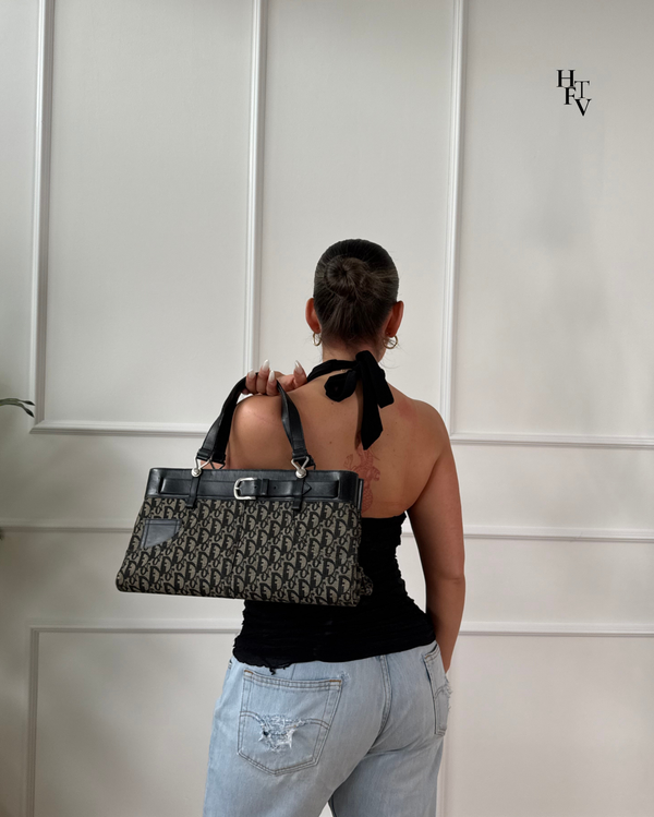 CHRISTIAN Dior Navy Monogram Canvas Tote Bag